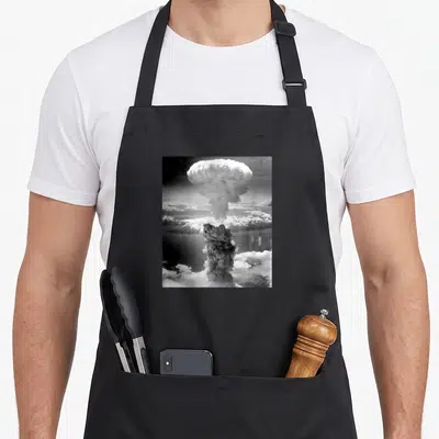 Bomb nuclear apron - Black and white photo of mushroom cloud rising above clouds — shown on a black cotton canvas apron against a white background