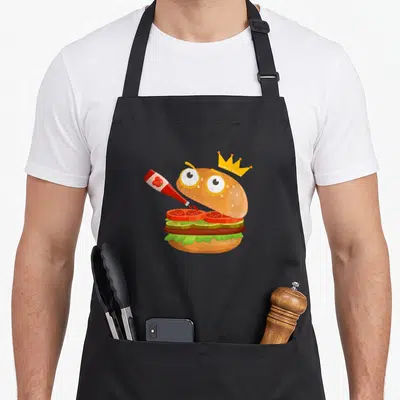 Hamburger cartoon apron - Crowned cartoon burger with ketchup bottle pouring on tomato slices in red yellow green — shown on a black cotton canvas apron against a white background