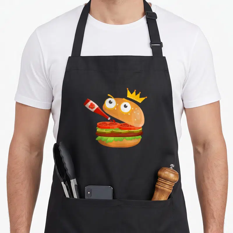 Hamburger cartoon apron - Crowned cartoon burger with ketchup bottle pouring on tomato slices in red yellow green — shown on a black cotton canvas apron against a white background