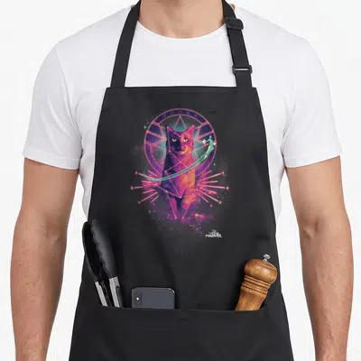 Captain goose apron - Realistic cat in pink geometric circle with teal GOOSE text and flying figure — shown on a black cotton canvas apron against a white background
