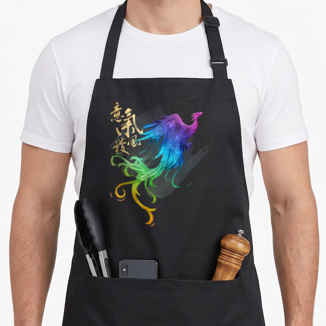Live phoenix apron - Watercolor phoenix with purple blue green yellow feathers and vertical gold calligraphy characters — shown on a black cotton canvas apron against a white background