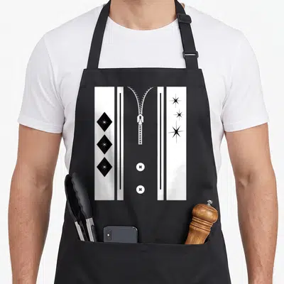 Hop costume rockabilly apron - Black and white graphic of zipper, buttons, vertical stripes, and stars — shown on a black cotton canvas apron against a white background