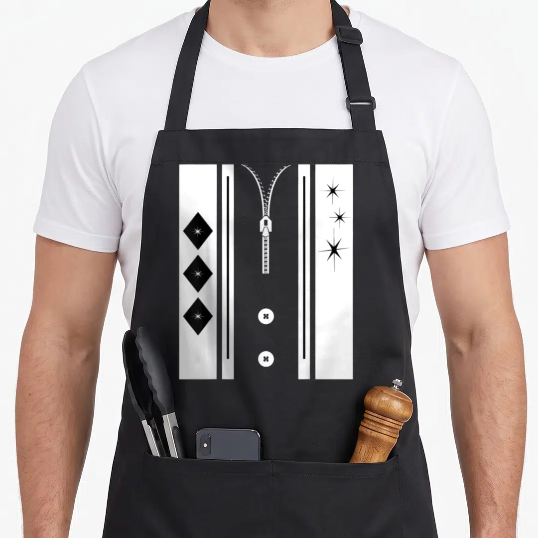 Hop costume rockabilly apron - Black and white graphic of zipper, buttons, vertical stripes, and stars — shown on a black cotton canvas apron against a white background