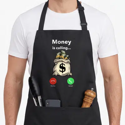 Money hip aprons - Cartoon money bag with phone accept decline buttons and text — shown on a black cotton canvas apron against a white background