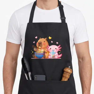 Capybara ramen kawaii apron - Brown capybara eating noodles from blue bowl beside pink axolotl holding bubble tea — shown on a black cotton canvas apron against a white background