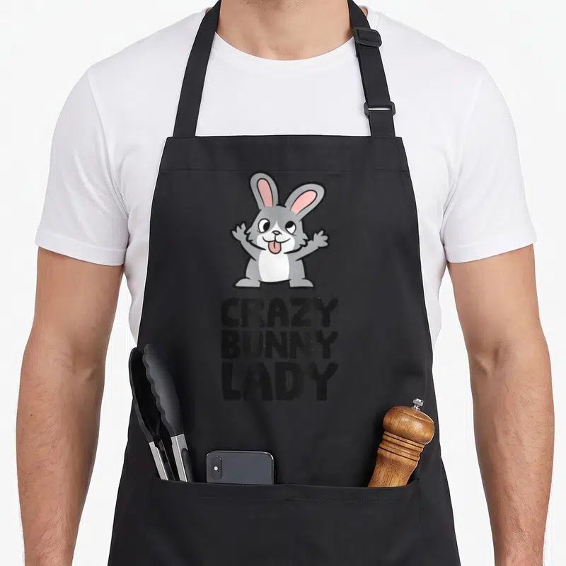 Funny owner bunny apron - Cartoon grey bunny with pink ears above stacked black text reading CRAZY BUNNY LADY — shown on a black cotton canvas apron against a white background