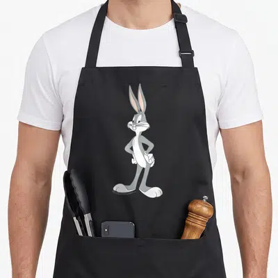 Stance bunny apron - Grey white and pink cartoon rabbit standing with hands on hips on solid background — shown on a black cotton canvas apron against a white background