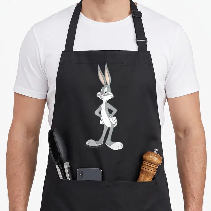 Stance bunny apron - Grey white and pink cartoon rabbit standing with hands on hips on solid background — shown on a black cotton canvas apron against a white background
