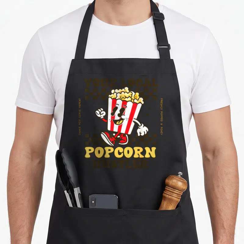Costume popcorn apron - Cartoon popcorn box character with YOUR LOCAL POPCORN HUSTLER text and checkered background — shown on a black cotton canvas apron against a white background