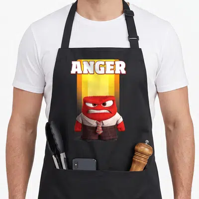 Riley character aprons - Anger text above red cartoon character with brown shorts on yellow orange gradient — shown on a black cotton canvas apron against a white background