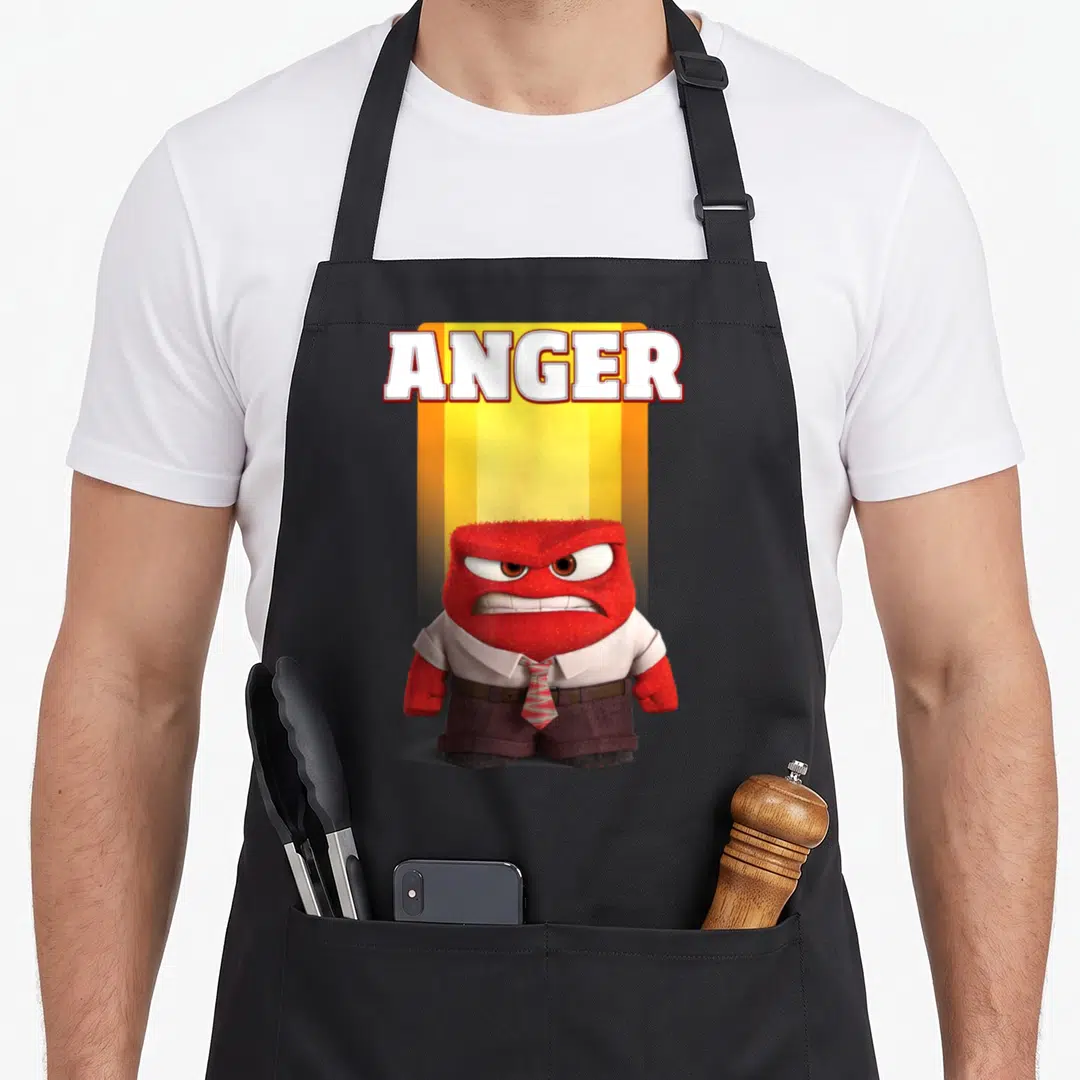 Riley character aprons - Anger text above red cartoon character with brown shorts on yellow orange gradient — shown on a black cotton canvas apron against a white background