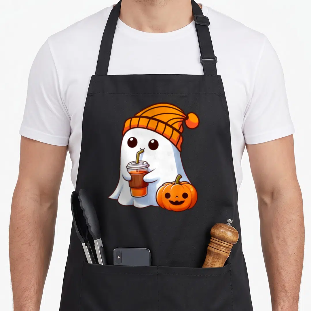 Ghost halloween kitchen aprons - Cartoon ghost in orange beanie holding iced coffee beside smiling pumpkin — shown on a black cotton canvas apron against a white background