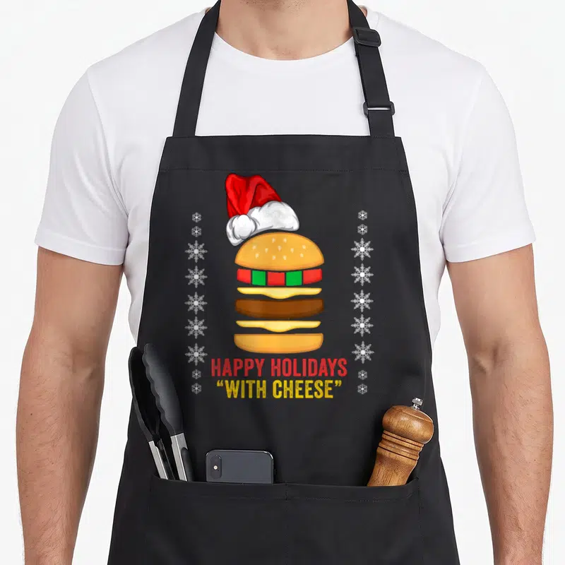 Cheese christmas apron - Cartoon hamburger in Santa hat with snowflakes and HAPPY HOLIDAYS WITH CHEESE text — shown on a black cotton canvas apron against a white background