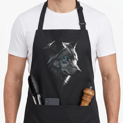 Eye animal apron - Line art sketch of a wolf head facing right with blue eyes in white and grey — shown on a black cotton canvas apron against a white background