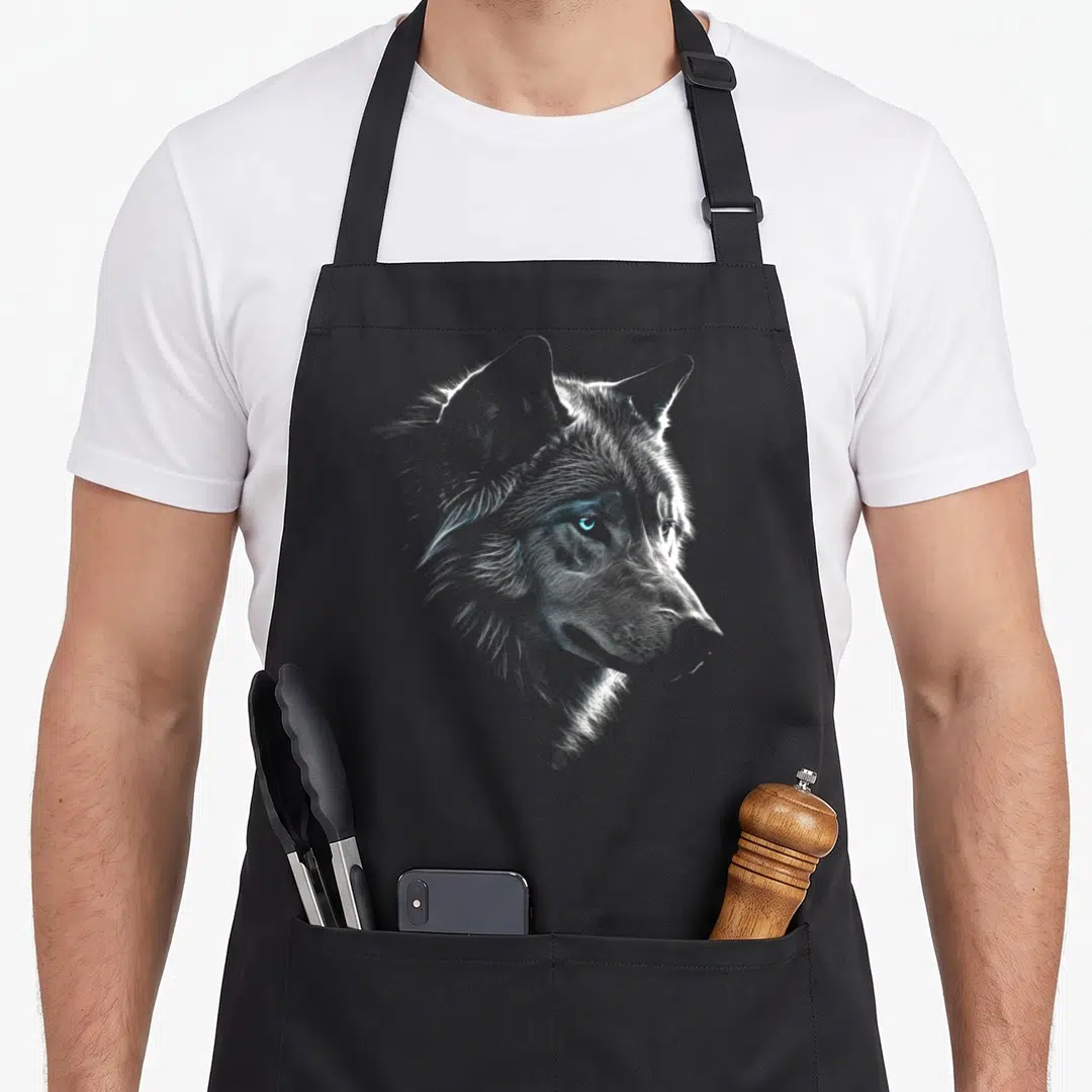 Eye animal apron - Line art sketch of a wolf head facing right with blue eyes in white and grey — shown on a black cotton canvas apron against a white background