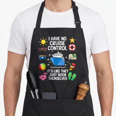Control crazy cruise apron - Cartoon cruise ship with vacation icons and text I HAVE NO CRUISE CONTROL IT'S LIKE THEY — shown on a black cotton canvas apron against a white background