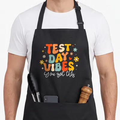 Test groovy teacher apron - Retro bubbly text reading TEST DAY VIBES with flowers and You got this script — shown on a black cotton canvas apron against a white background