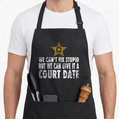 Sheriff stupid aprons - Yellow sheriff star above white distressed text reading We Can't Fix Stupid But We Can Give It — shown on a black cotton canvas apron against a white background