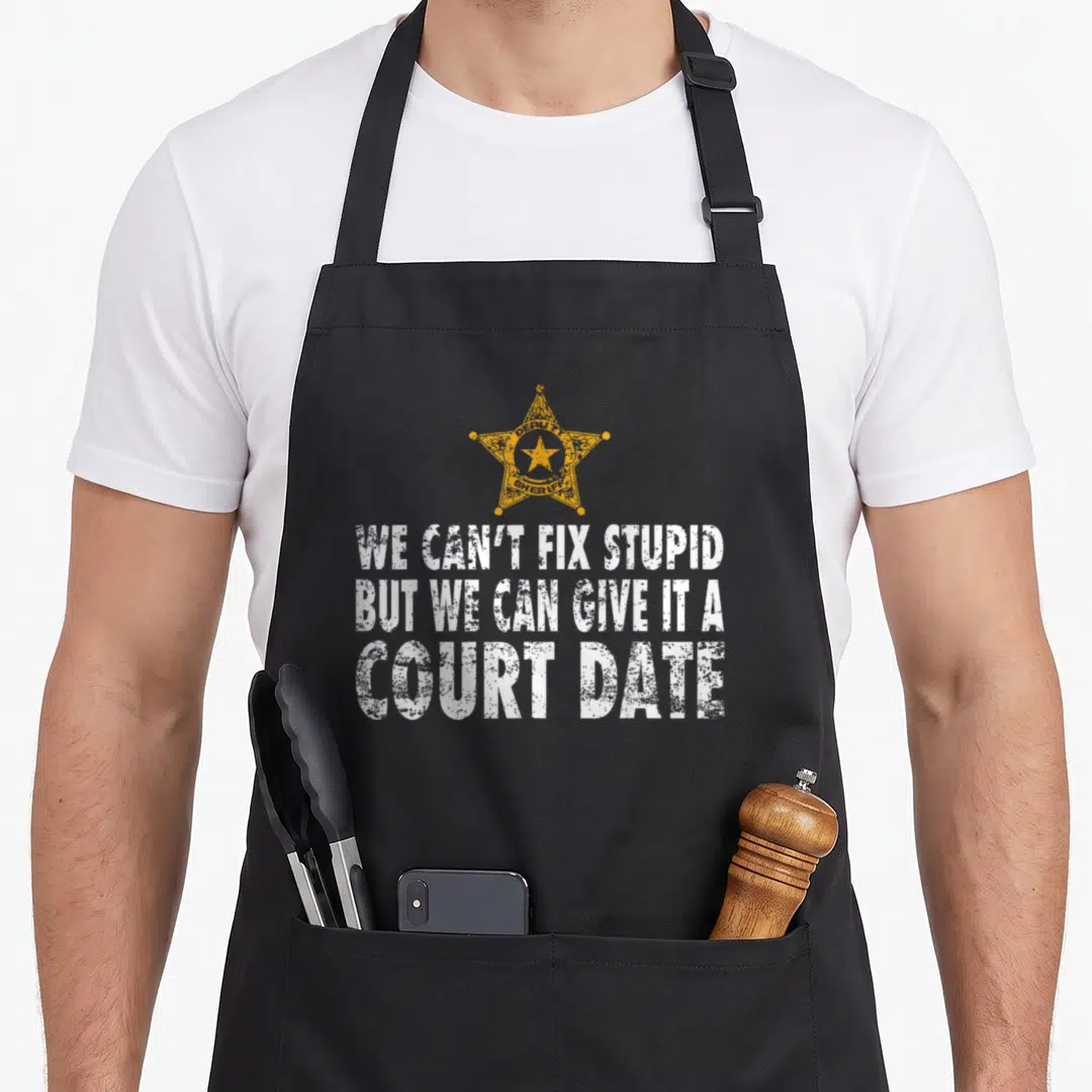 Sheriff stupid aprons - Yellow sheriff star above white distressed text reading We Can't Fix Stupid But We Can Give It — shown on a black cotton canvas apron against a white background