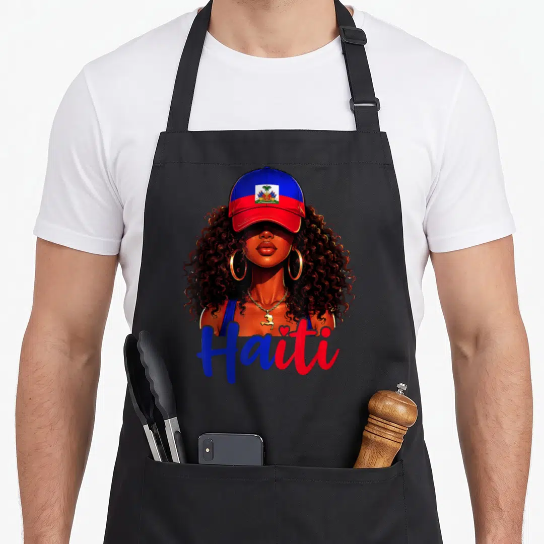 Flag princess apron - Realistic woman with flag cap and Haiti text in blue and red — shown on a black cotton canvas apron against a white background