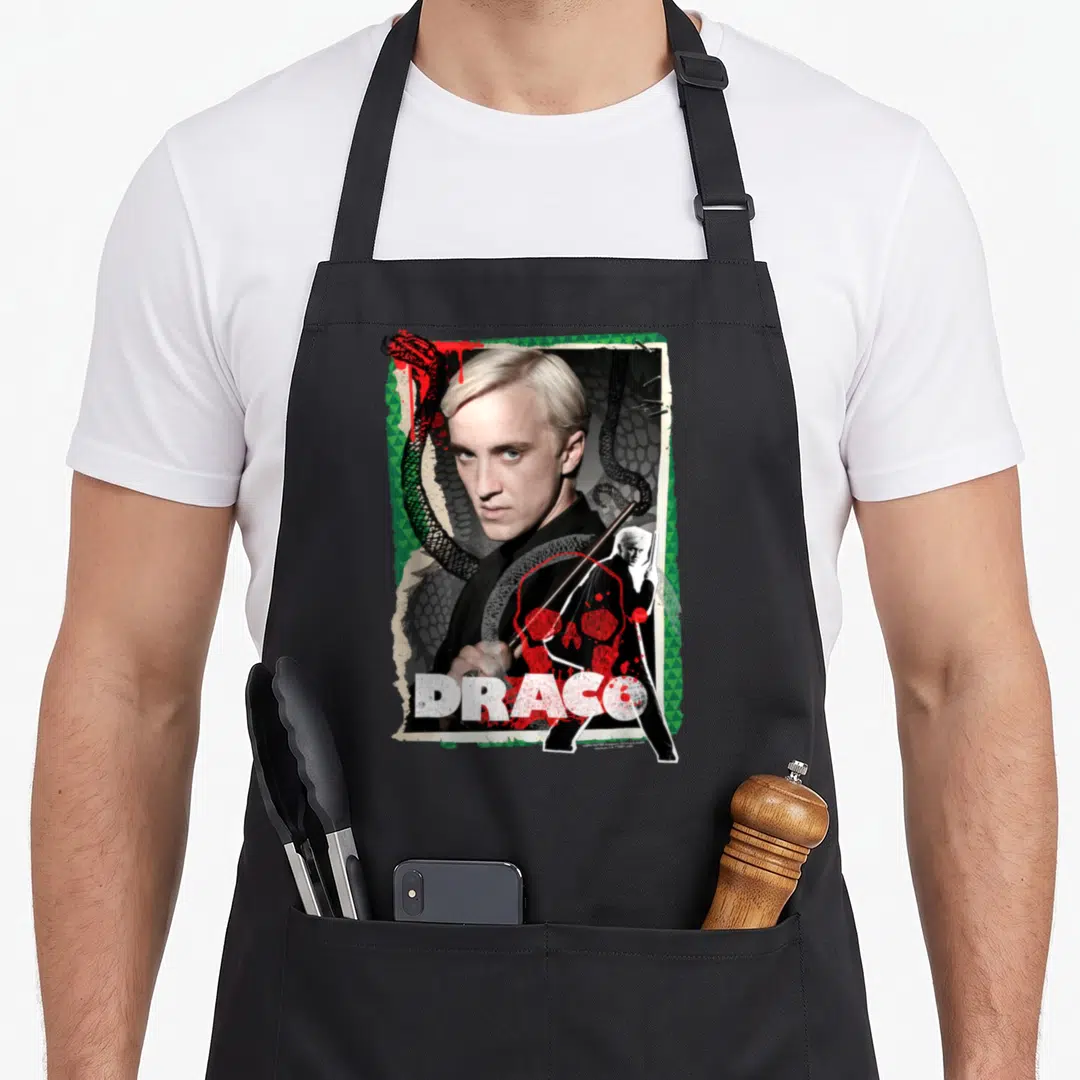 Draco photo collage apron - Man portrait with snake red skull and DRAGO text in black white red green — shown on a black cotton canvas apron against a white background