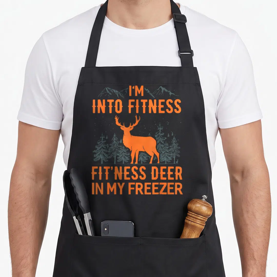 Fitness hunting for best family adventures apron - Orange deer silhouette between blue trees with text I'm Into Fitness — shown on a black cotton canvas apron against a white background