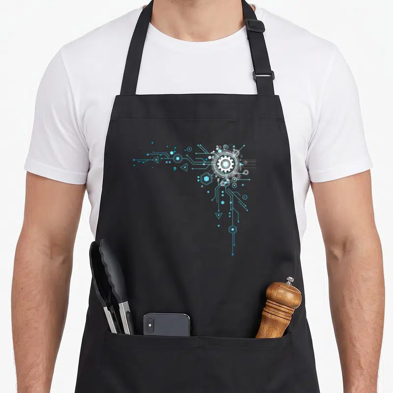 Computer engineer nerd apron - Blue and white circuit lines with gear cluster and geometric shapes on grey background — shown on a black cotton canvas apron against a white background