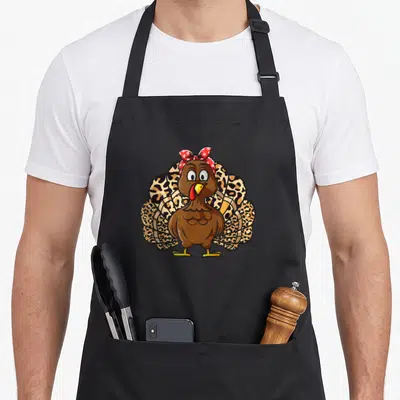 Leopard thanksgiving apron - Cartoon brown turkey with red bandana and spread leopard-print tail feathers on black apron — shown on a black cotton canvas apron against a white background