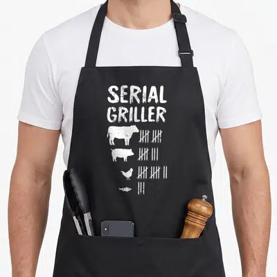 Serial master griller apron - White distressed text Serial Griller above four animals with tally marks on black fabric — shown on a black cotton canvas apron against a white background