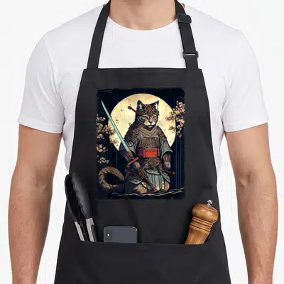 Samurai japanese ninja cat apron - Realistic cat in samurai armor holding katana against a moon with cherry blossoms — shown on a black cotton canvas apron against a white background