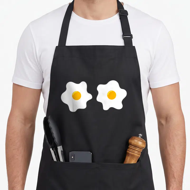 Bikini egg apron - Two cartoon fried eggs side by side white and yellow on black background — shown on a black cotton canvas apron against a white background
