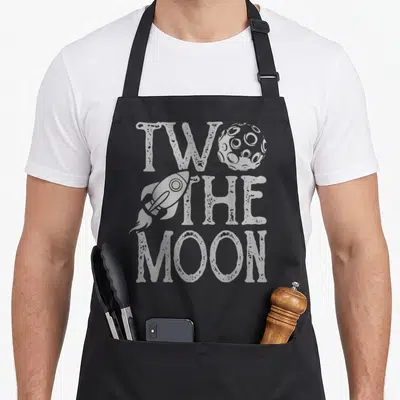 Moon birthday apron - Distressed grey TWO THE MOON text with rocket and cratered moon graphic — shown on a black cotton canvas apron against a white background