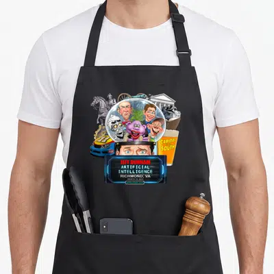 Jeff richmond apron - Jeff Dunham crystal ball puppet cartoon Richmond VA 2025 sign beer horse statue — shown on a black cotton canvas apron against a white background