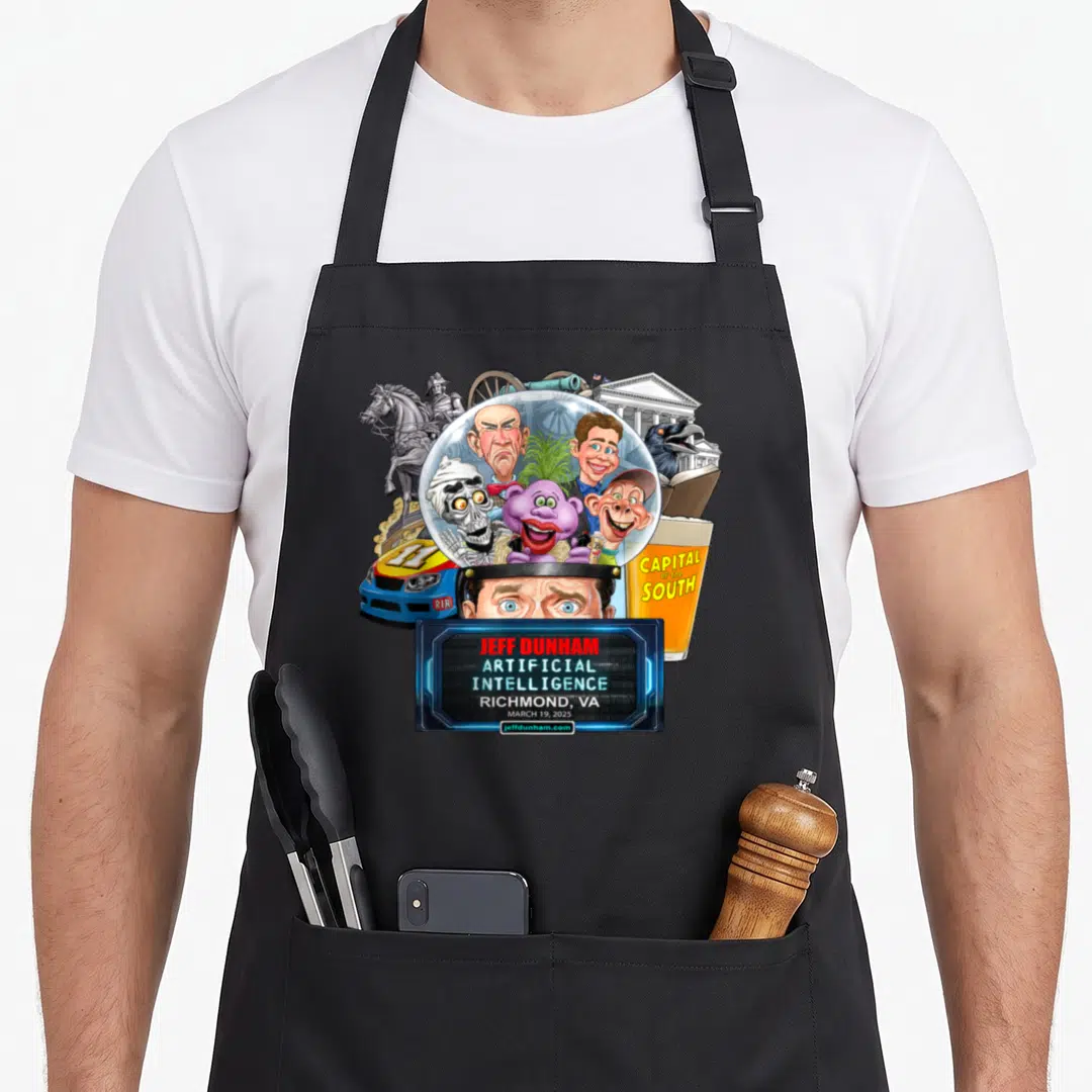 Jeff richmond apron - Jeff Dunham crystal ball puppet cartoon Richmond VA 2025 sign beer horse statue — shown on a black cotton canvas apron against a white background