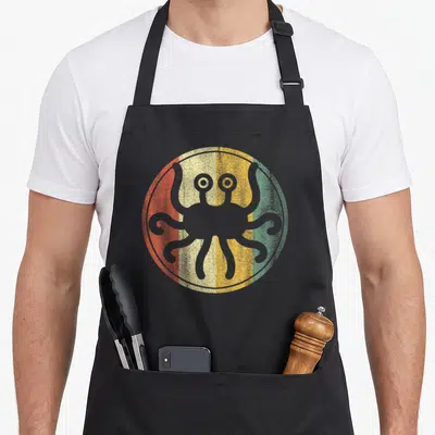 Atheist perfectionist apron - Grey octopus silhouette over red yellow and green vertical stripes in retro style — shown on a black cotton canvas apron against a white background