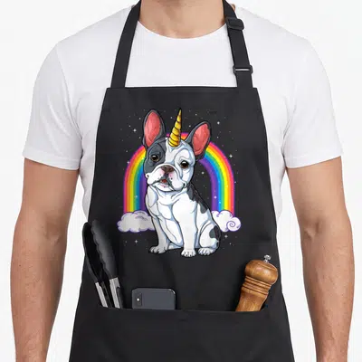 Unicorn french bulldog apron - Cartoon French Bulldog with golden horn sitting in front of rainbow and stars — shown on a black cotton canvas apron against a white background