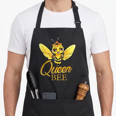 Crown queen bee apron - Cartoon bee wearing a crown above yellow Queen BEE script text — shown on a black cotton canvas apron against a white background
