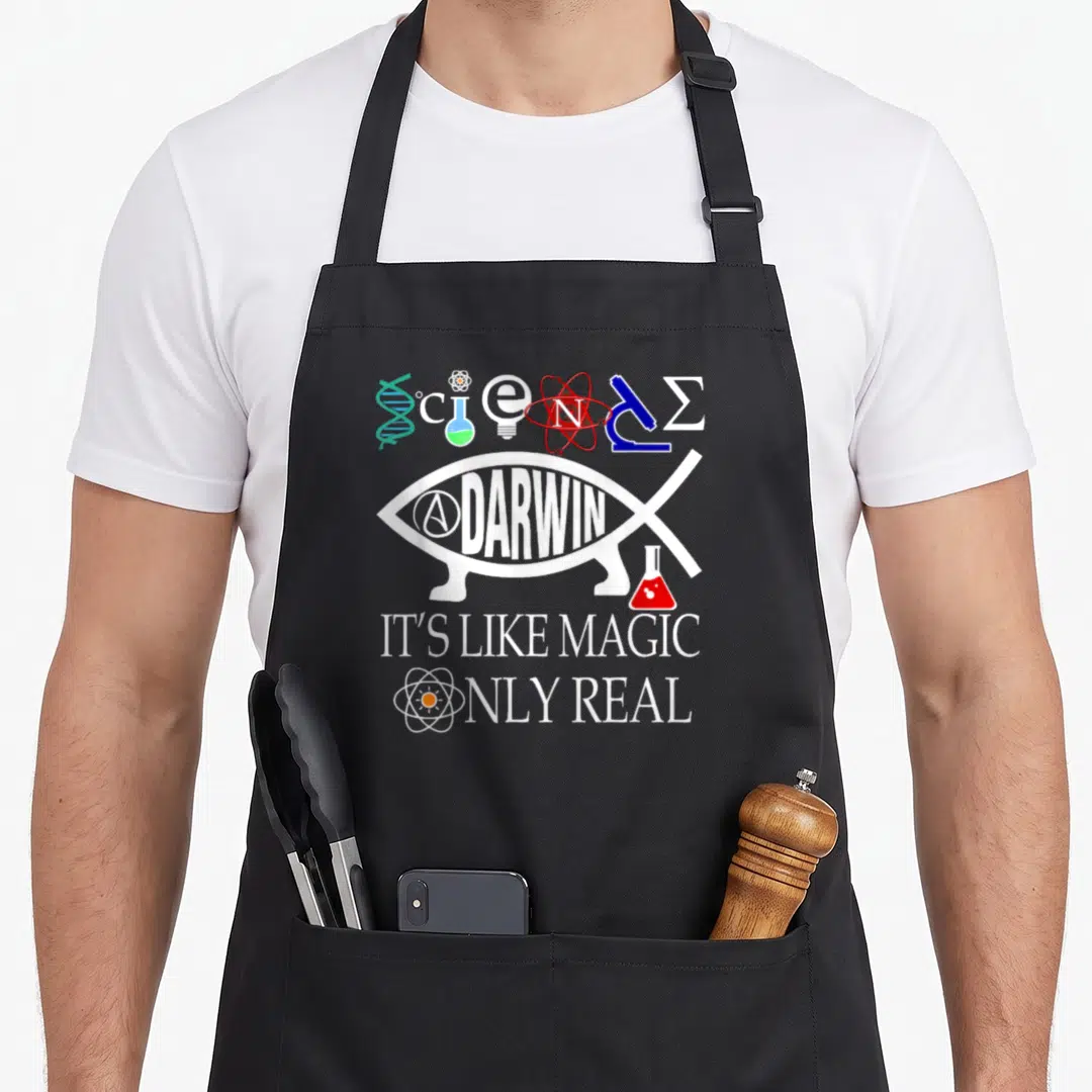 Threadsnouveau science apron - Darwin fish containing text and science symbols forming the word SCIENCE — shown on a black cotton canvas apron against a white background