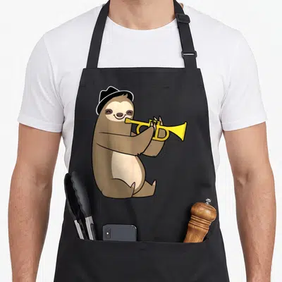 Jazz animal apron - Cartoon brown sloth in black hat playing yellow trumpet — shown on a black cotton canvas apron against a white background