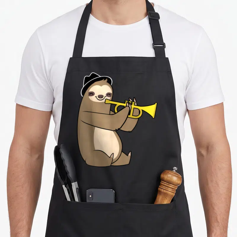 Jazz animal apron - Cartoon brown sloth in black hat playing yellow trumpet — shown on a black cotton canvas apron against a white background