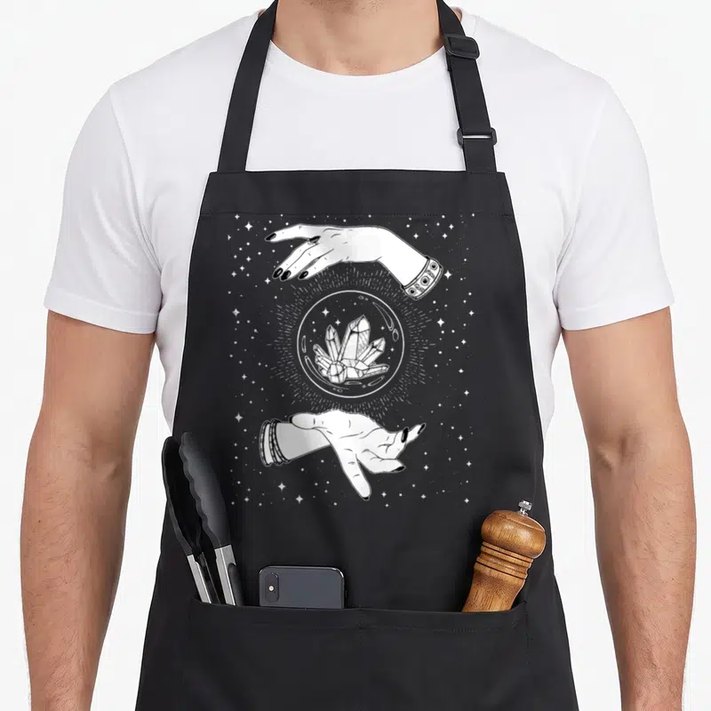 Ball witchy apron - White crystals in a circle flanked by two hands and scattered stars in line art — shown on a black cotton canvas apron against a white background
