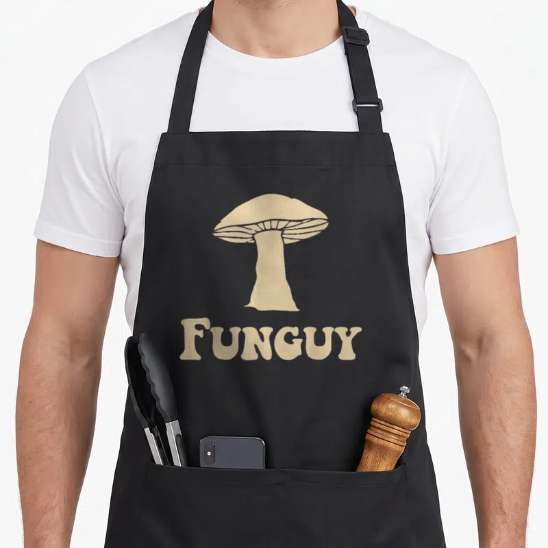 Funny fungi mushroom apron - Beige mushroom illustration above bold FUNGUY text on black apron front — shown on a black cotton canvas apron against a white background