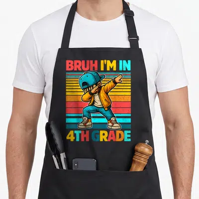 Bruh grade dabbing apron - Cartoon boy dabbing with BRUH I'M IN 4TH GRADE text over colorful stripes — shown on a black cotton canvas apron against a white background