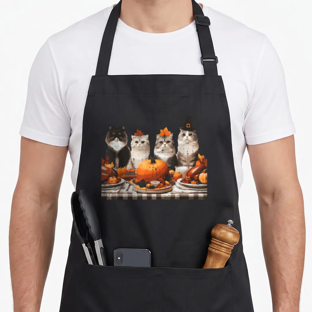 Cat thanksgiving apron - Four cartoon cats behind a feast on a checkered tablecloth, one in a hat, two with leaves — shown on a black cotton canvas apron against a white background
