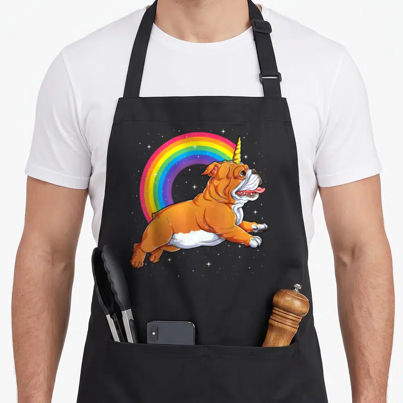 Rainbow english chef aprons - Cartoon jumping bulldog with unicorn horn in front of rainbow and white stars — shown on a black cotton canvas apron against a white background
