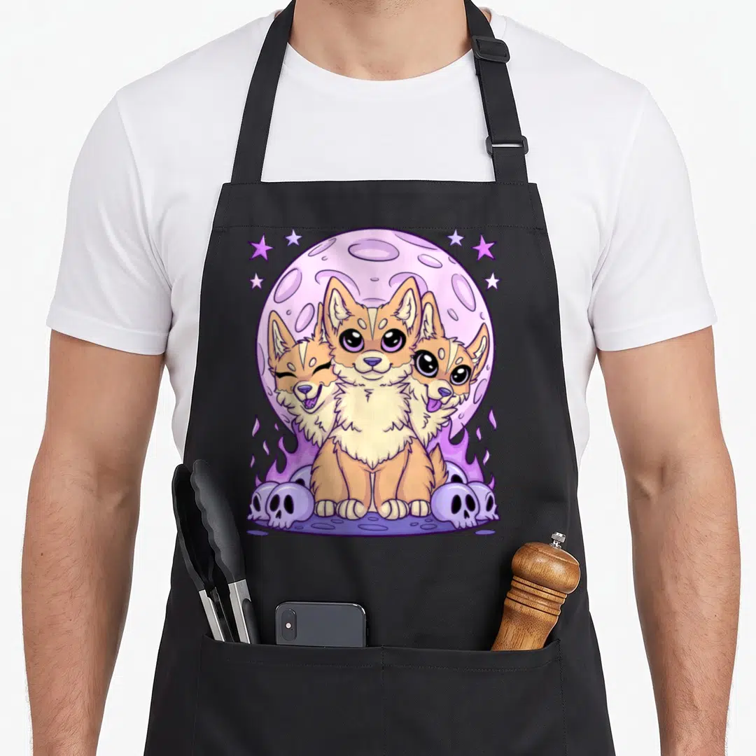 Headed anime cooking apron - Three headed corgi with purple moon, stars, flames and skulls in cartoon style — shown on a black cotton canvas apron against a white background