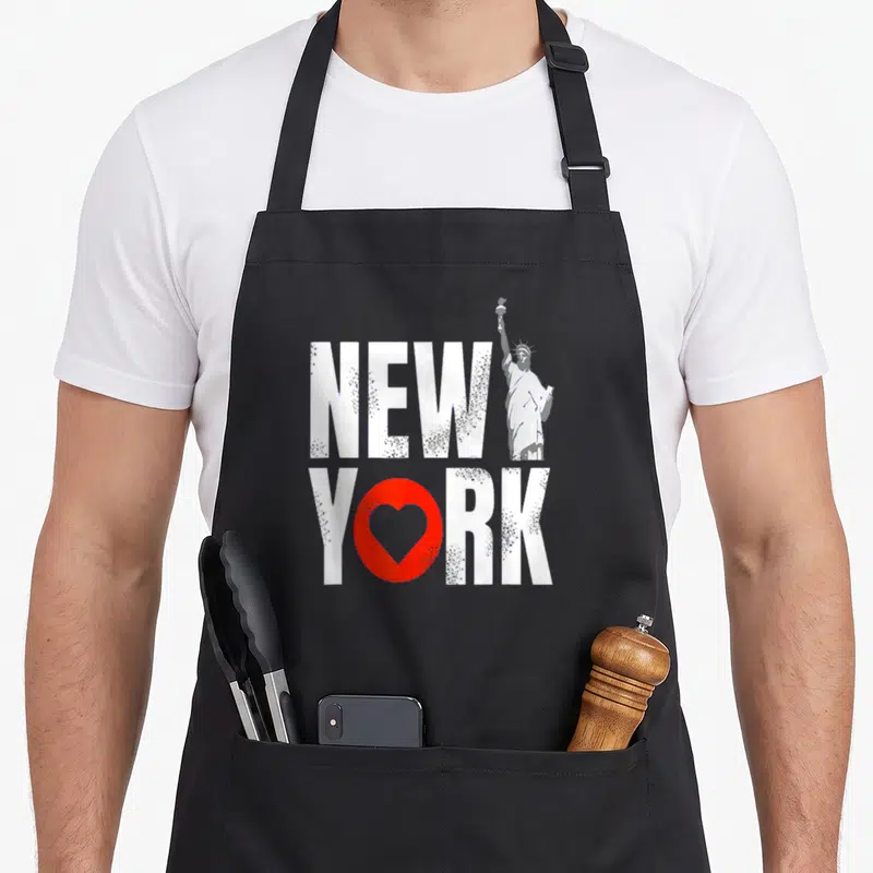 Statue liberty souvenir new york apron - New York text with red heart and white statue silhouette — shown on a black cotton canvas apron against a white background