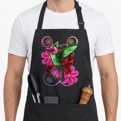 Nature the floral apron - Cartoon hummingbird with green wings and purple tail among pink flowers and red roses — shown on a black cotton canvas apron against a white background