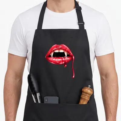 Sour halloween apron - Realistic red lips with vampire fangs and dripping blood detail — shown on a black cotton canvas apron against a white background