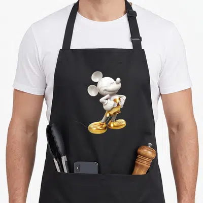 Pose crazy mouse man apron - White and gold Mickey Mouse figure standing with hands on hips — shown on a black cotton canvas apron against a white background